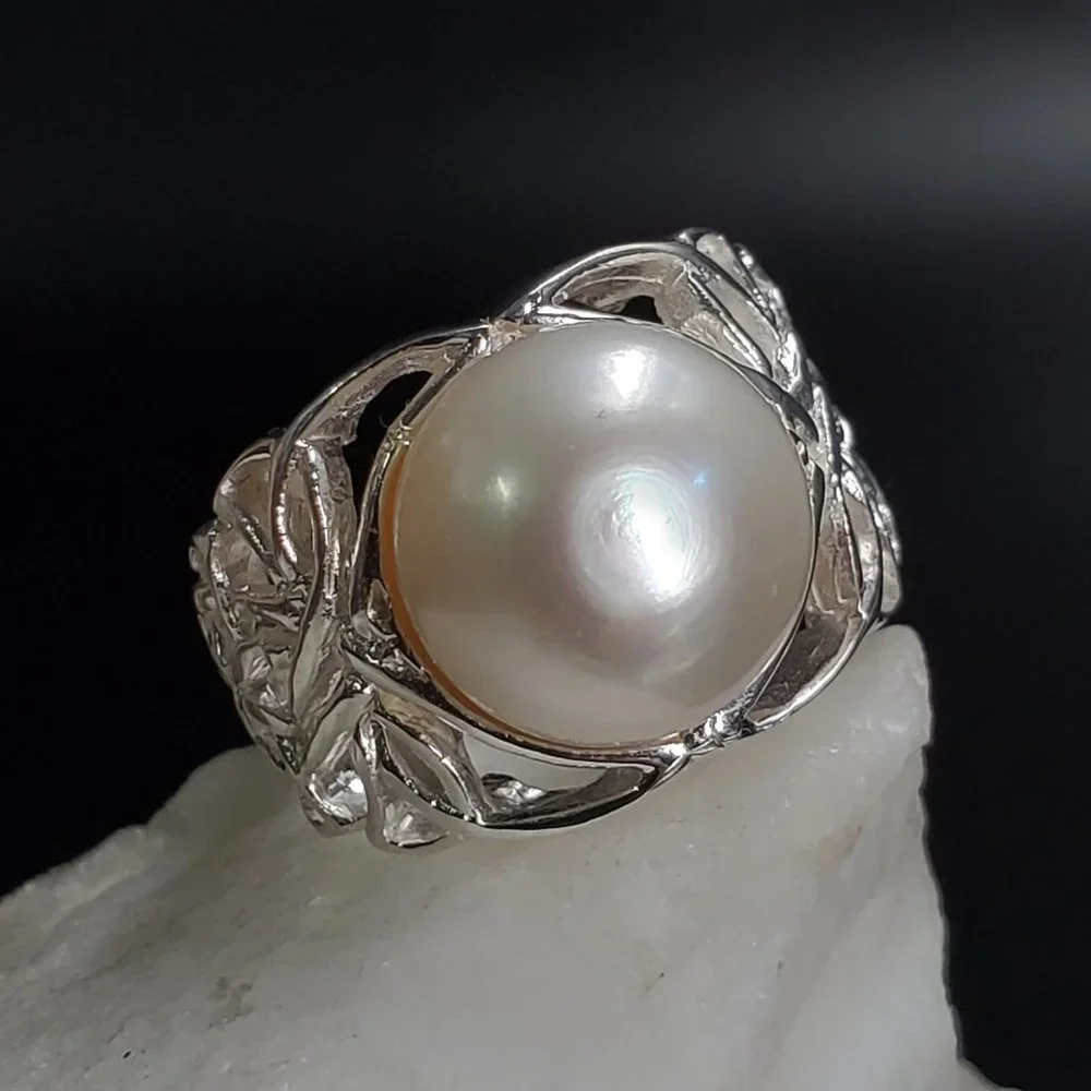 Solid Sterling Silver 925 Ring Genuine Large Pearl for Gift